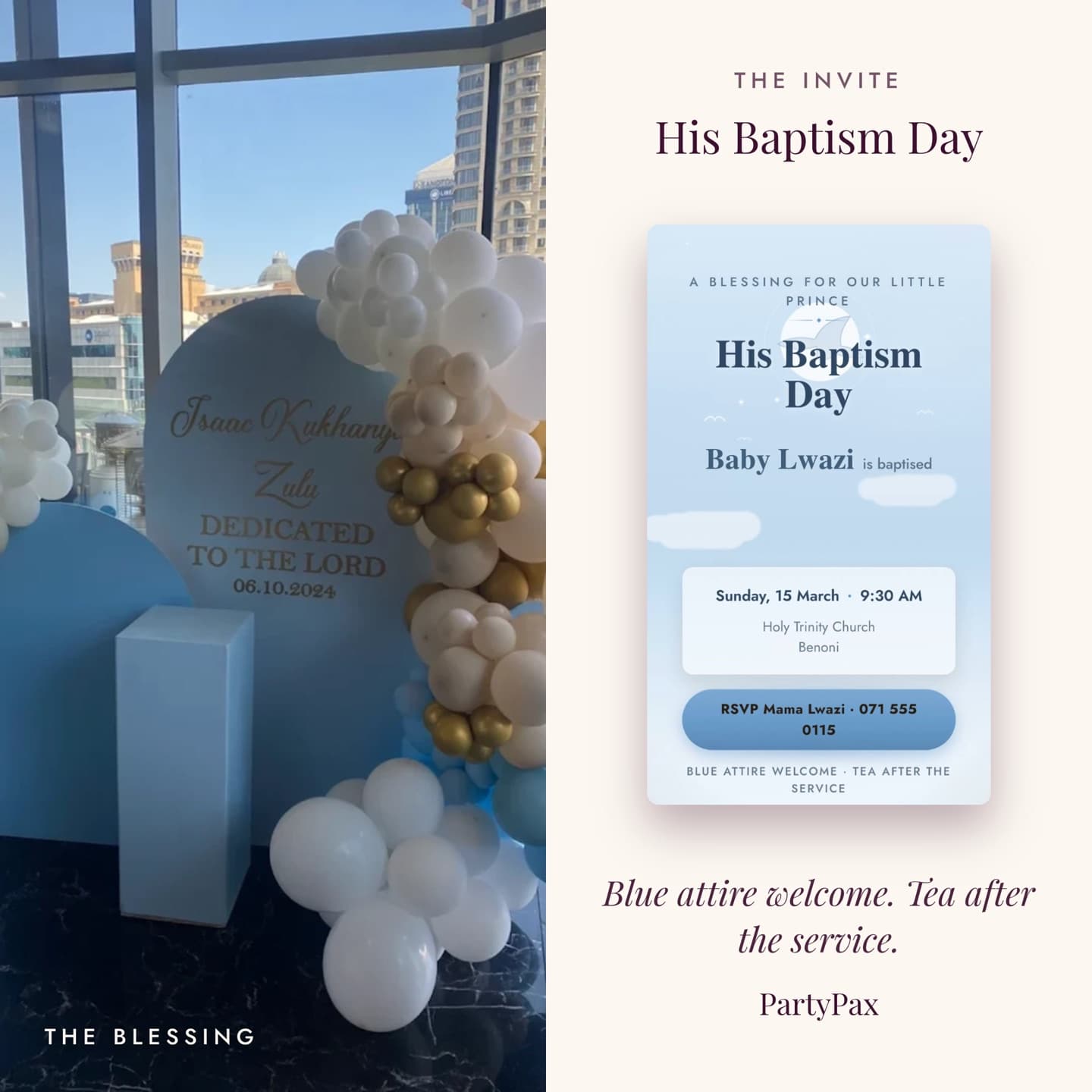 Blue, cream and gold baptism celebration with a personalised backdrop, balloon garland and a matching His Baptism Day invite