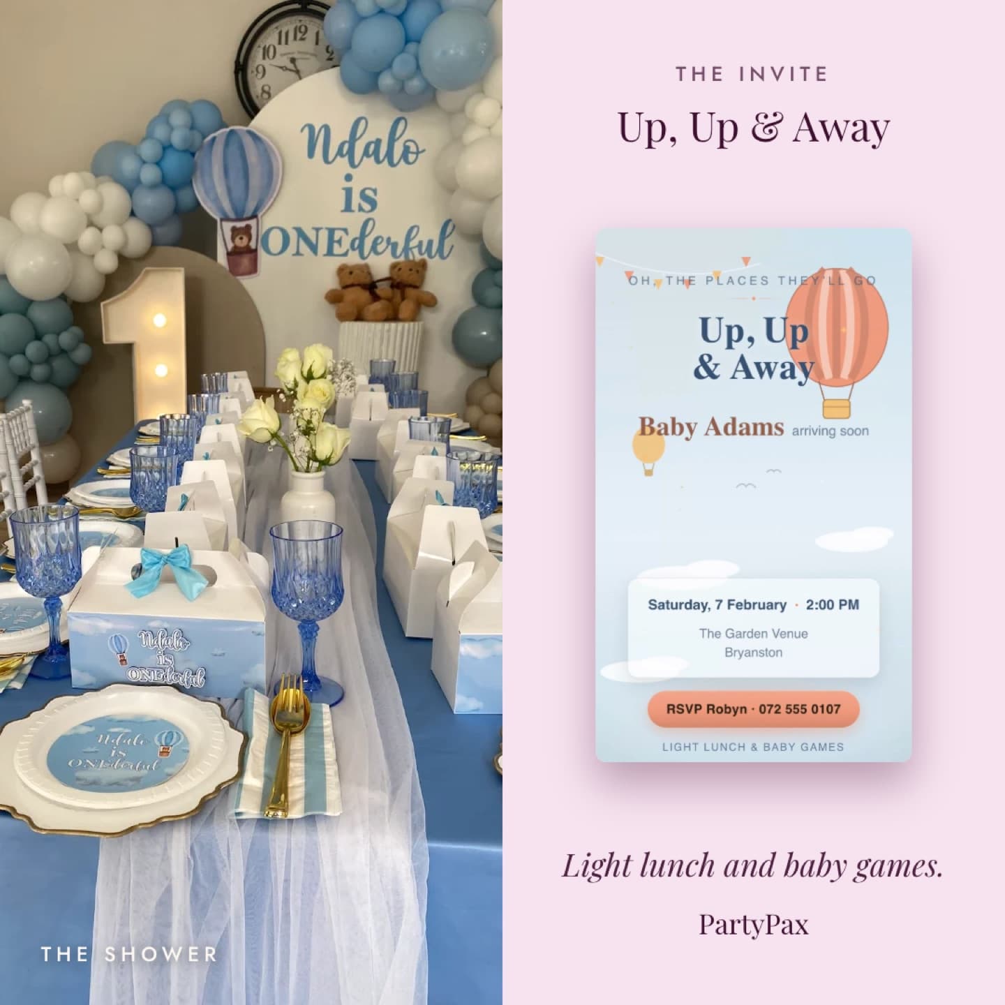 Blue and cream hot air balloon themed shower with a balloon garland, marquee number one and a matching PartyPax invite