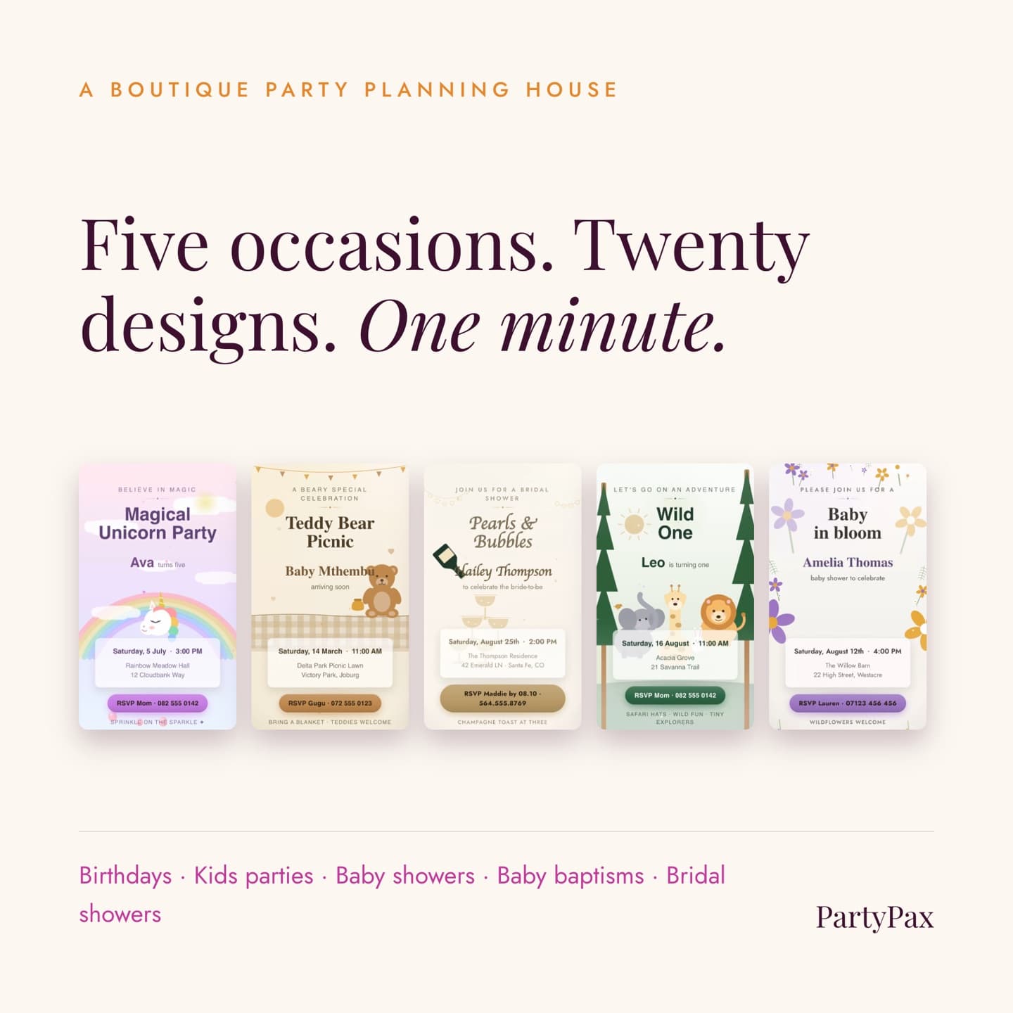 Five PartyPax invitation designs side by side for birthdays, kids parties, baby showers, baptisms and bridal showers