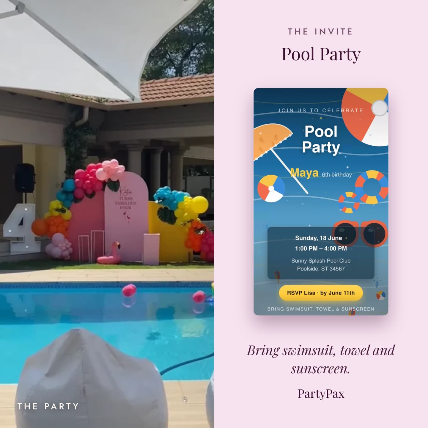 Poolside fourth birthday with a rainbow balloon arch, marquee number four and a matching Pool Party invite