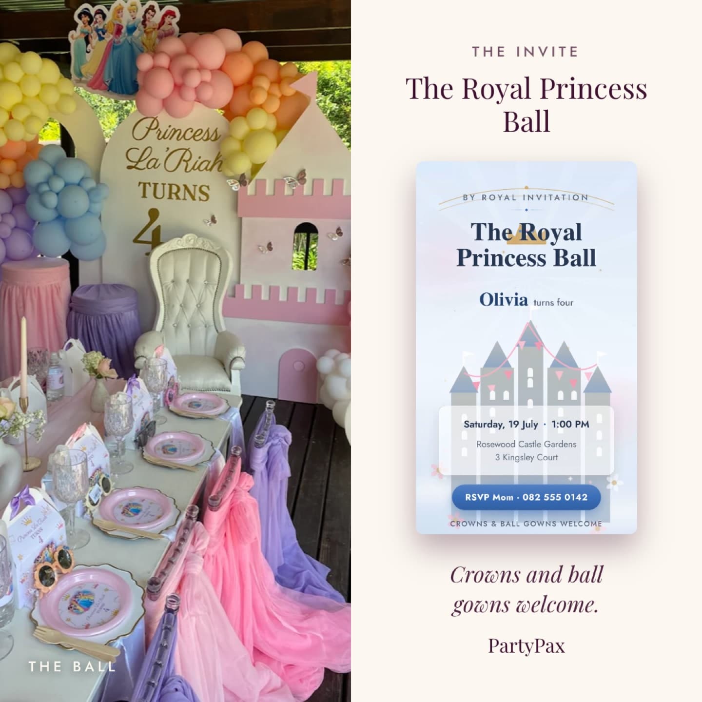 Pastel princess castle party with a throne chair, rainbow balloon arch and a matching Royal Princess Ball invite