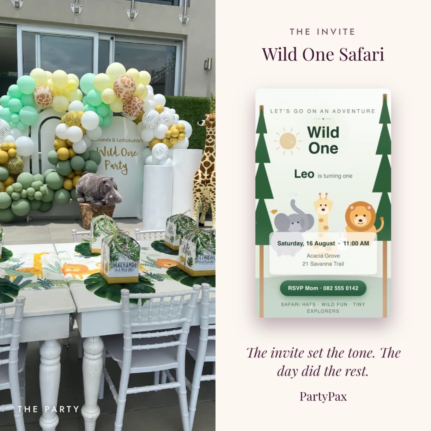 Green and gold safari first birthday with an animal balloon arch, plush giraffe and a matching Wild One invite